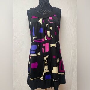 R&K Black with Purple and Pink Abstract Pattern Sleeveless Mini Dress, Size 12